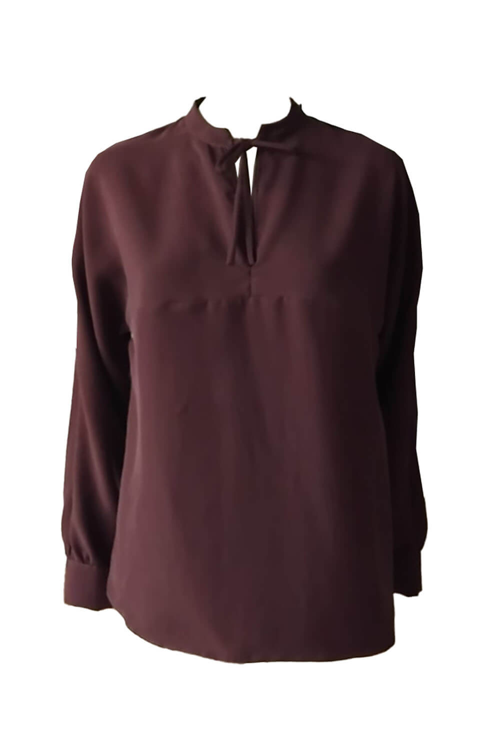 burgundy silk shantung blouse with long sleeves, keyhole neckline a bow LENA