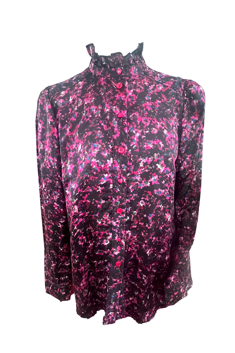 black and pink silk blended satin blouse with floral print CORFU